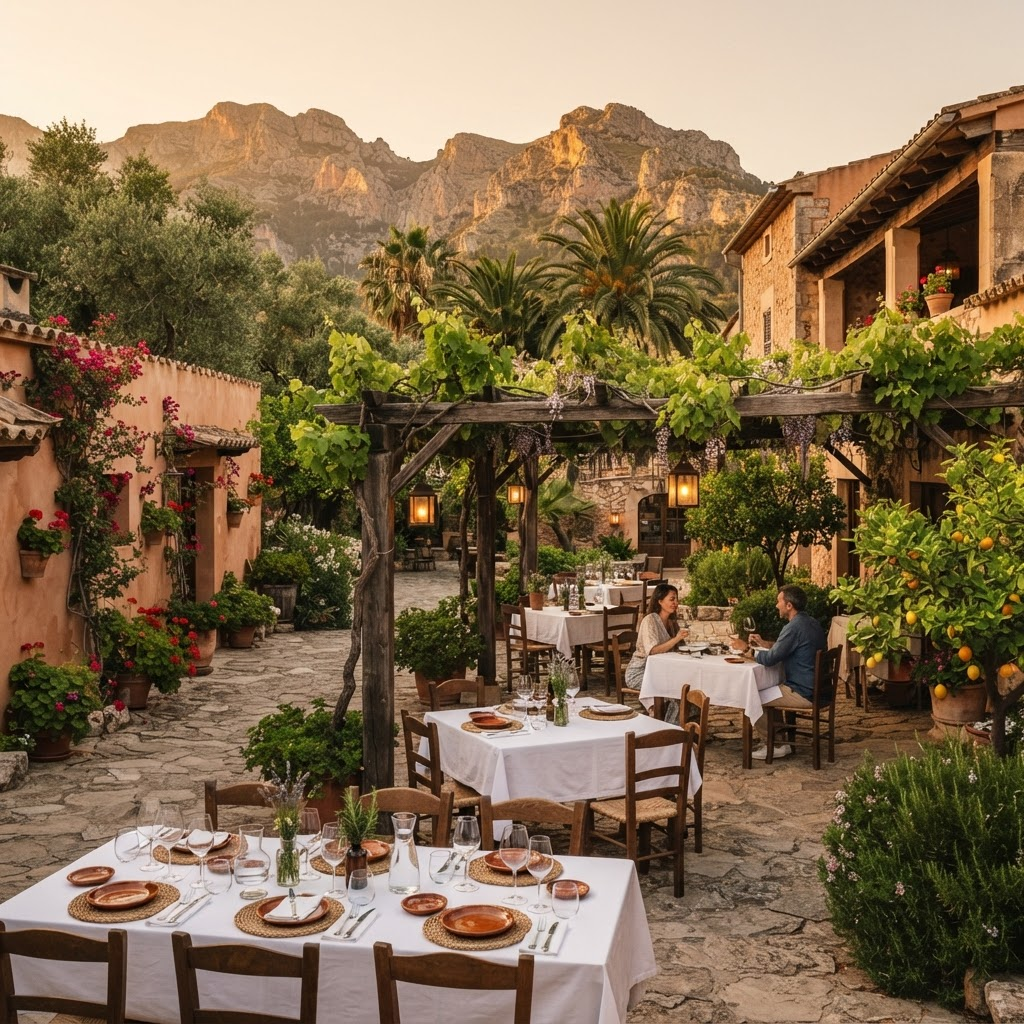 Terraza del restaurante La Mesón con la Serra de Tramuntana al fondo