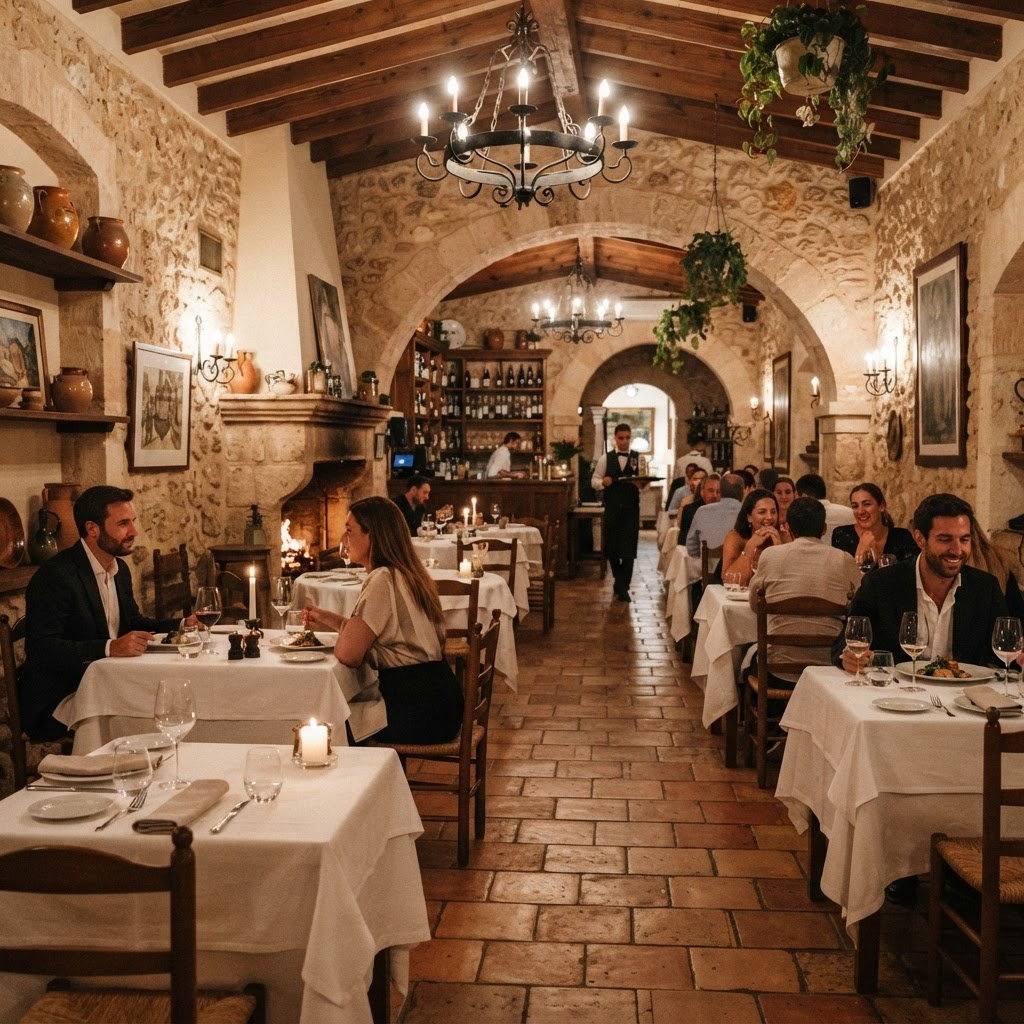 Interior acogedor del restaurante La Mesón con paredes de piedra